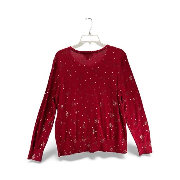 Lands’ End Supima Cotton Red Snowflake Cardigan Women’s L Holiday Sweater - Picture 3 of 10
